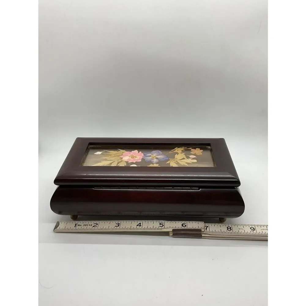 Vintage Bombay Company Floral Inlay Wooden Music Box - Plays Love story